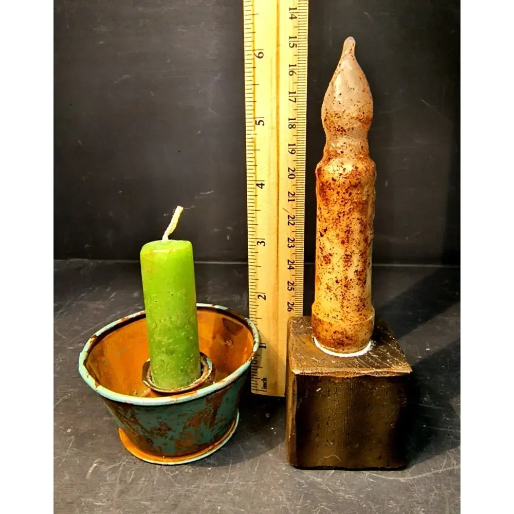 1970.  Set of Two Rustic Primitive Candles and Holders